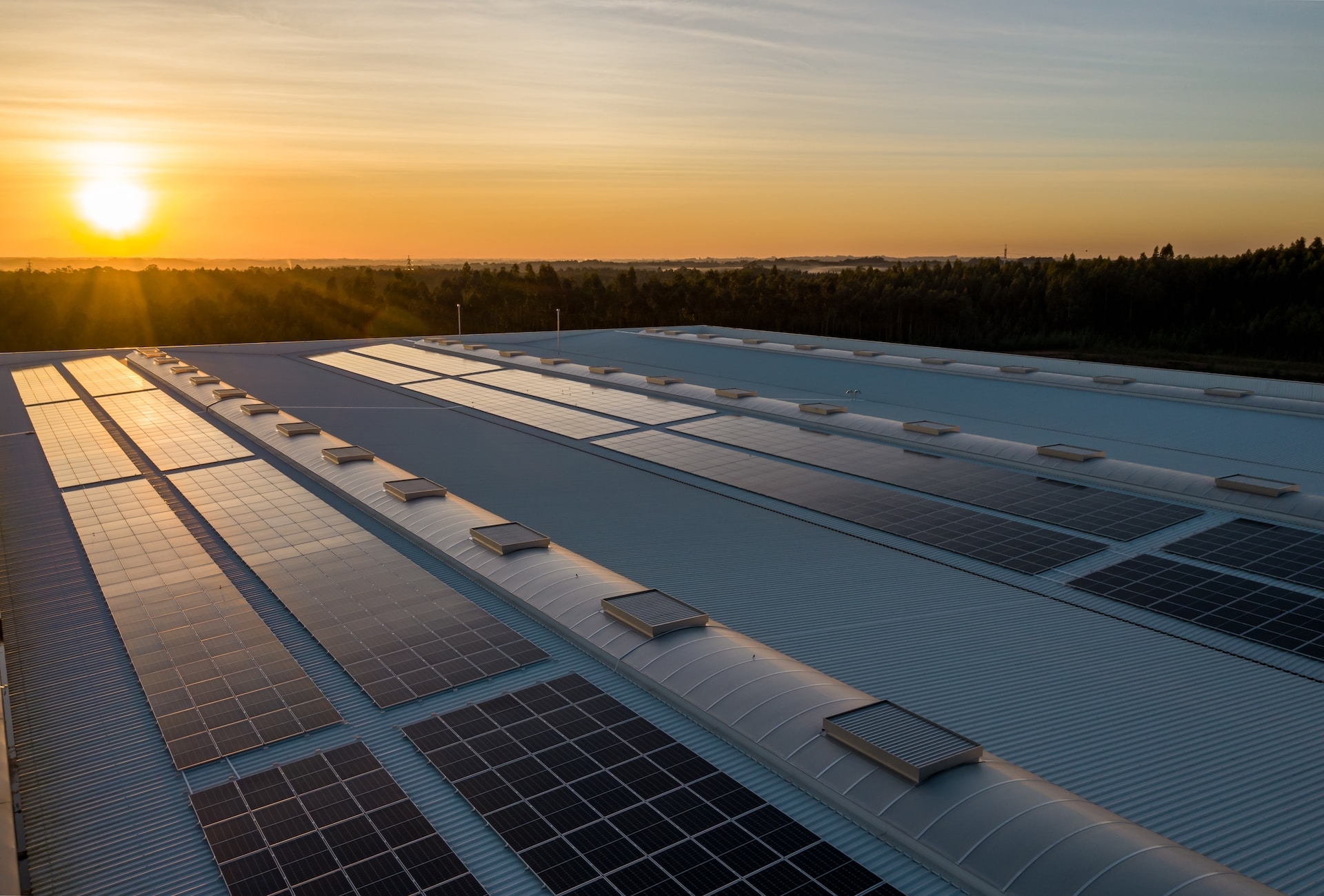 Solar panels on roof on sunset